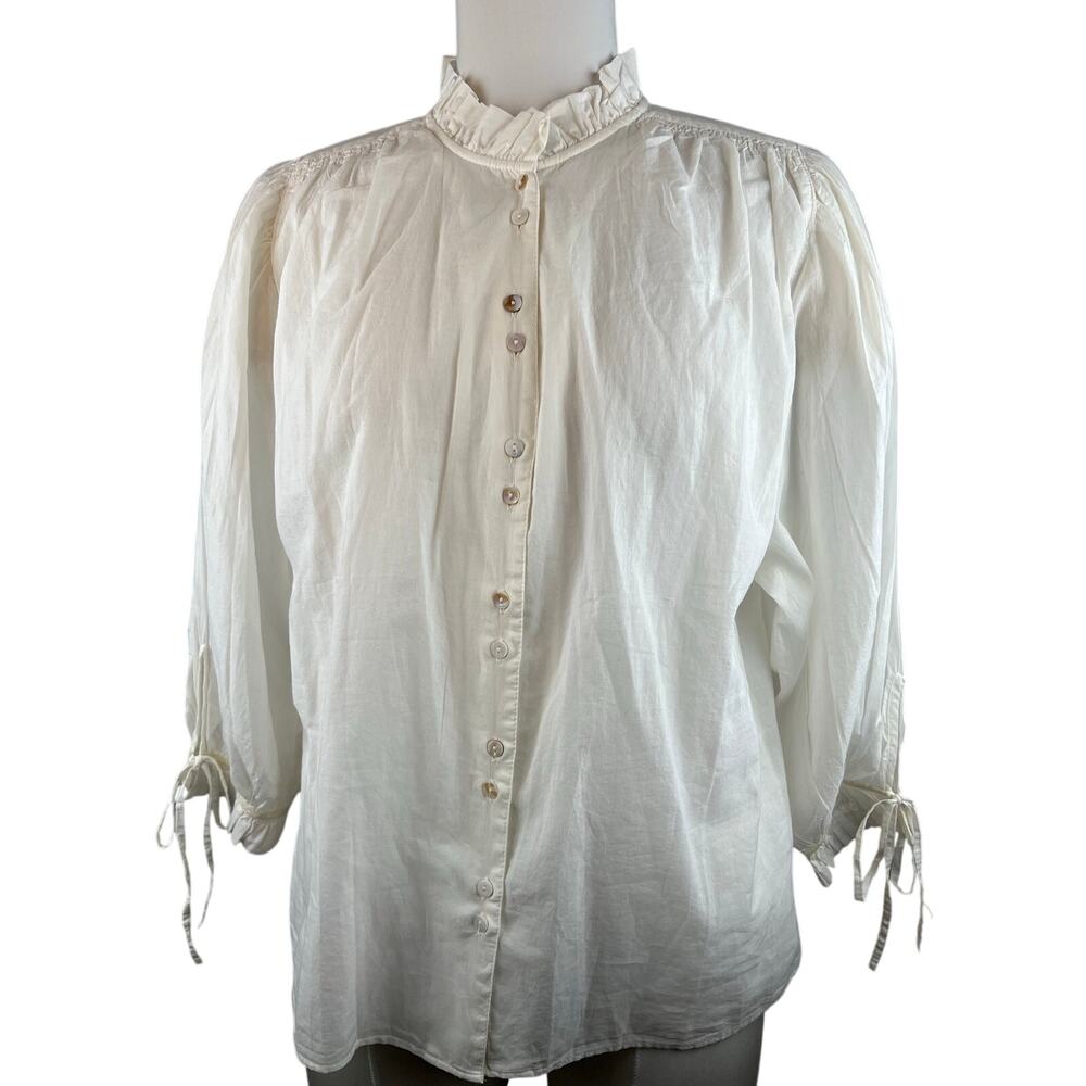 Sundance White Cotton Ruffle Neck Button Front Blouse Tie Sleeve Top L